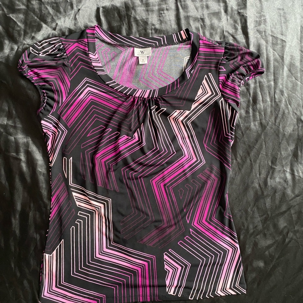 Worthington Pink and Black Geometric Short Sleeve Top